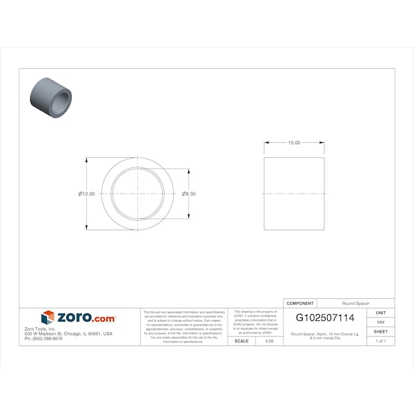 Round Spacer, Nylon, 10 Mm Overall Lg, 8.3 Mm Inside Dia, 20 PK